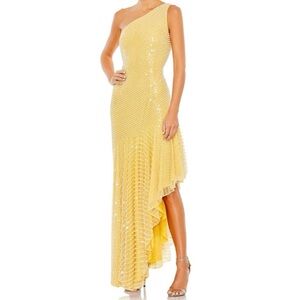 NWT, Mac Duggal Elegant Yellow Pearl Beaded One Shoulder High Low Gown, Size 14
